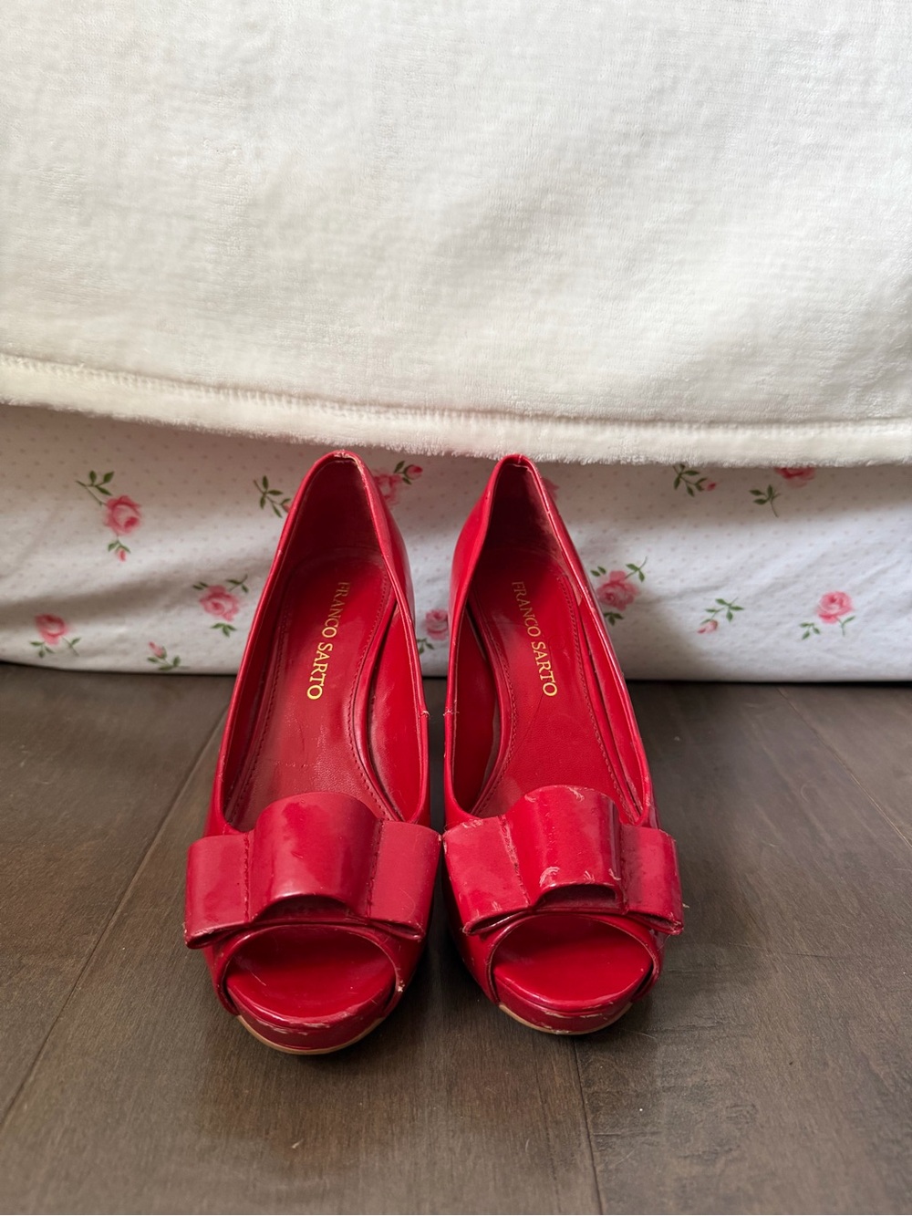 Franco Sarto Red Patent Peep-Toe Heels with Bow Accent